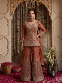 Zardozi & Sequin Embroidered Kurta with Sharara Set in Rust
