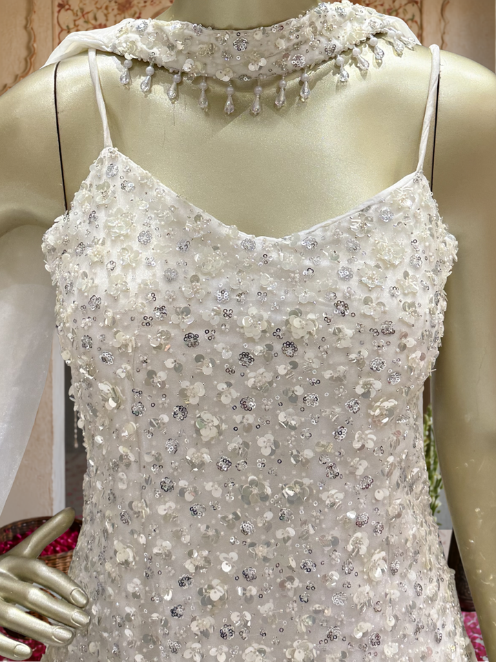 Net Sequin & Pearl Embellished Sharara Set with Dupatta in White