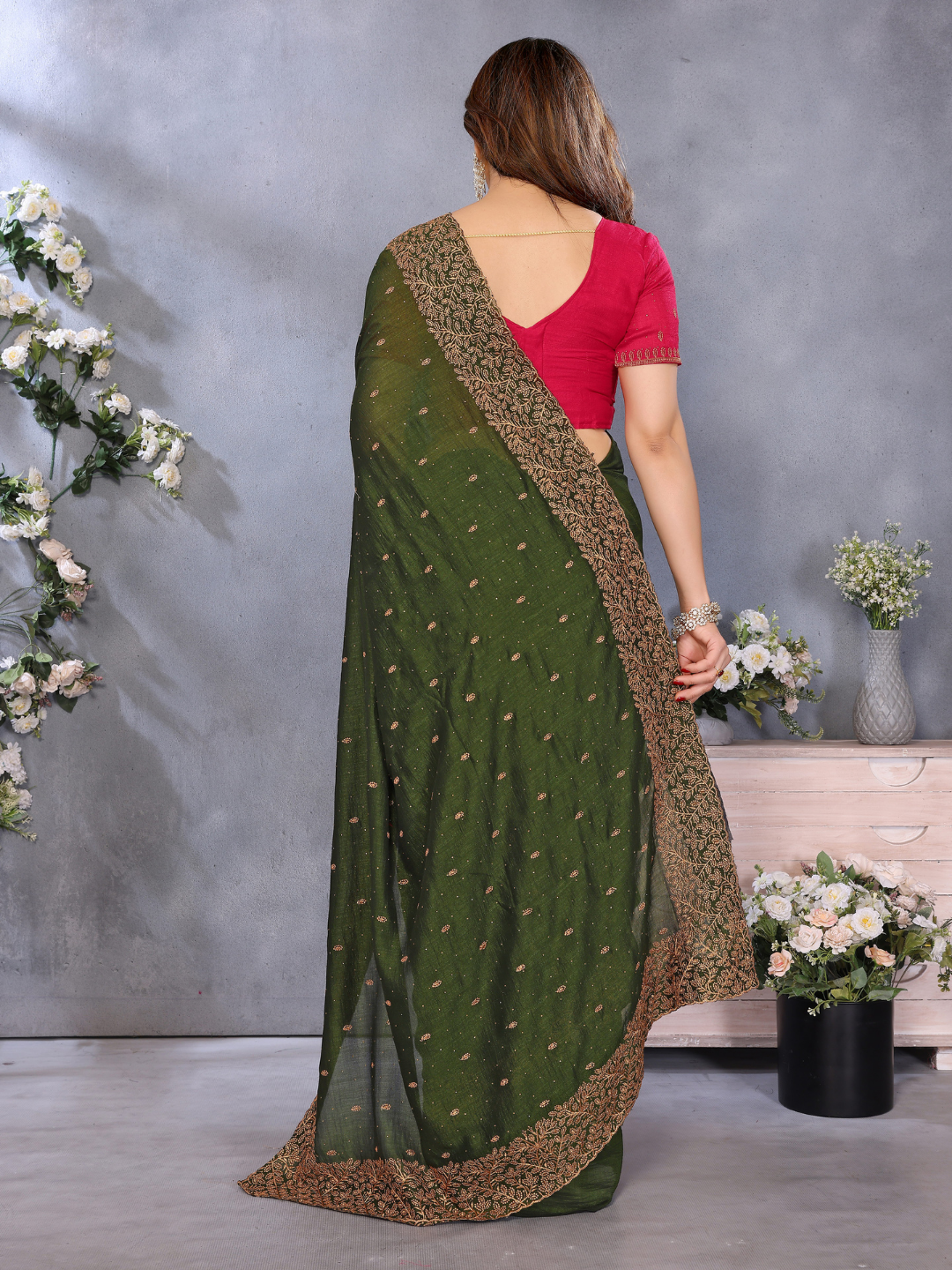 Satin Silk Heavy Zari & Stone Embroidered Floral Border Saree with Contrast Embroidered Blouse