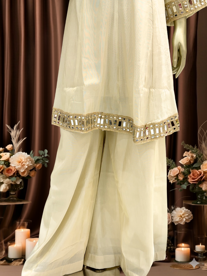 Mirror Work Silk Kurta with Sharara and Dupatta with Mirror Embroidered Pattern