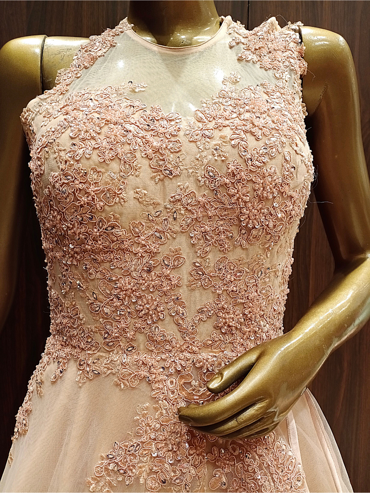 Pastel Peach Crystal Hand Embellished Layered Gown with Resham Embroidery