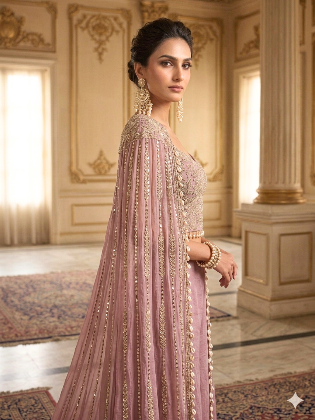 Silk Sequin & Mirror Embroidered Cape Blouse with Palazzo Set in Dusty Pink