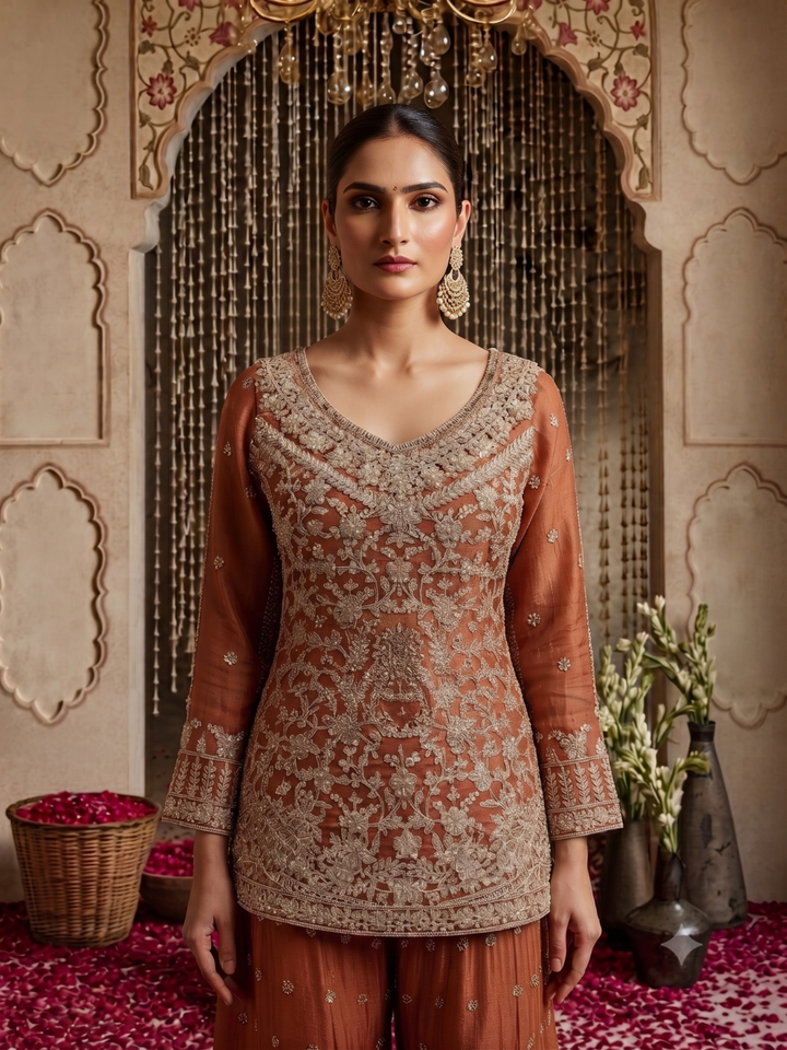 Zardozi & Sequin Embroidered Kurta with Sharara Set in Rust