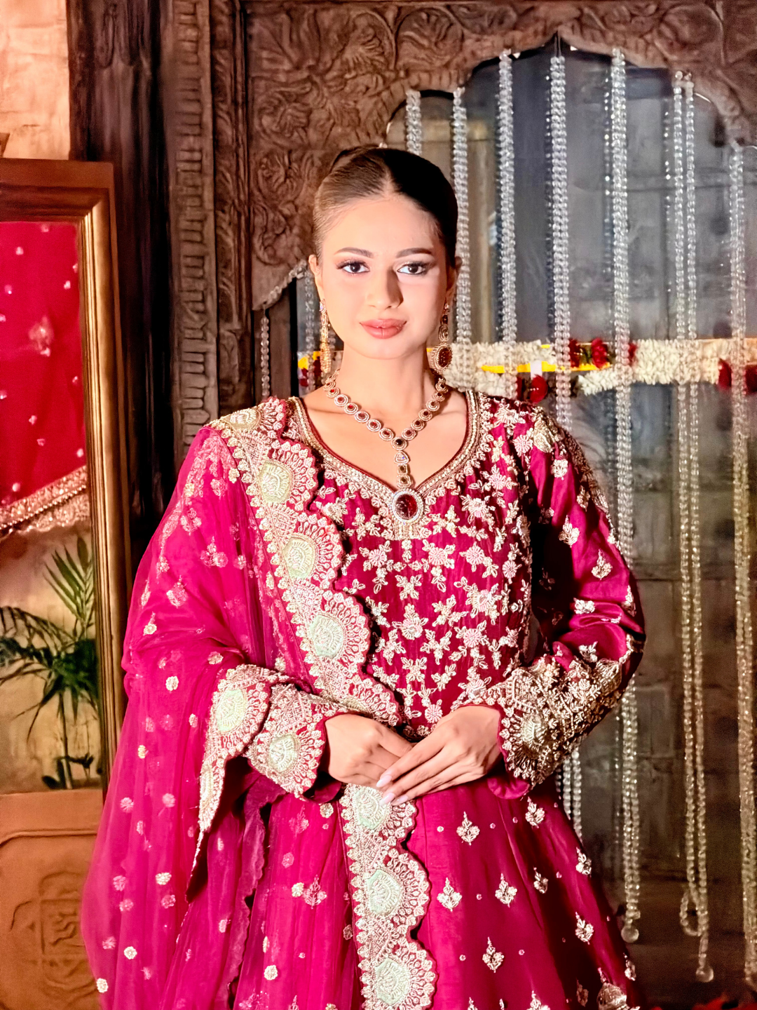 Zari Embroidered Long Kurta with Red Sharara Set in Pink