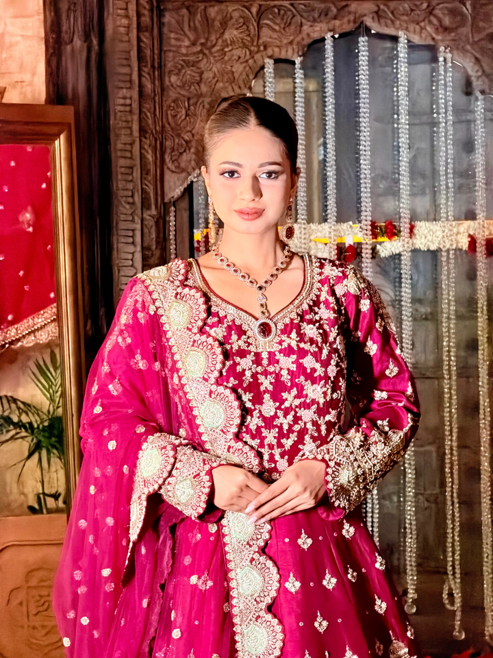 Zari Embroidered Long Kurta with Red Sharara Set in Pink