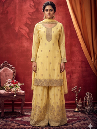 Zari Sequinned Embroidered Silk Kurta with Sharara and Dupatta with Floral Booti Pattern