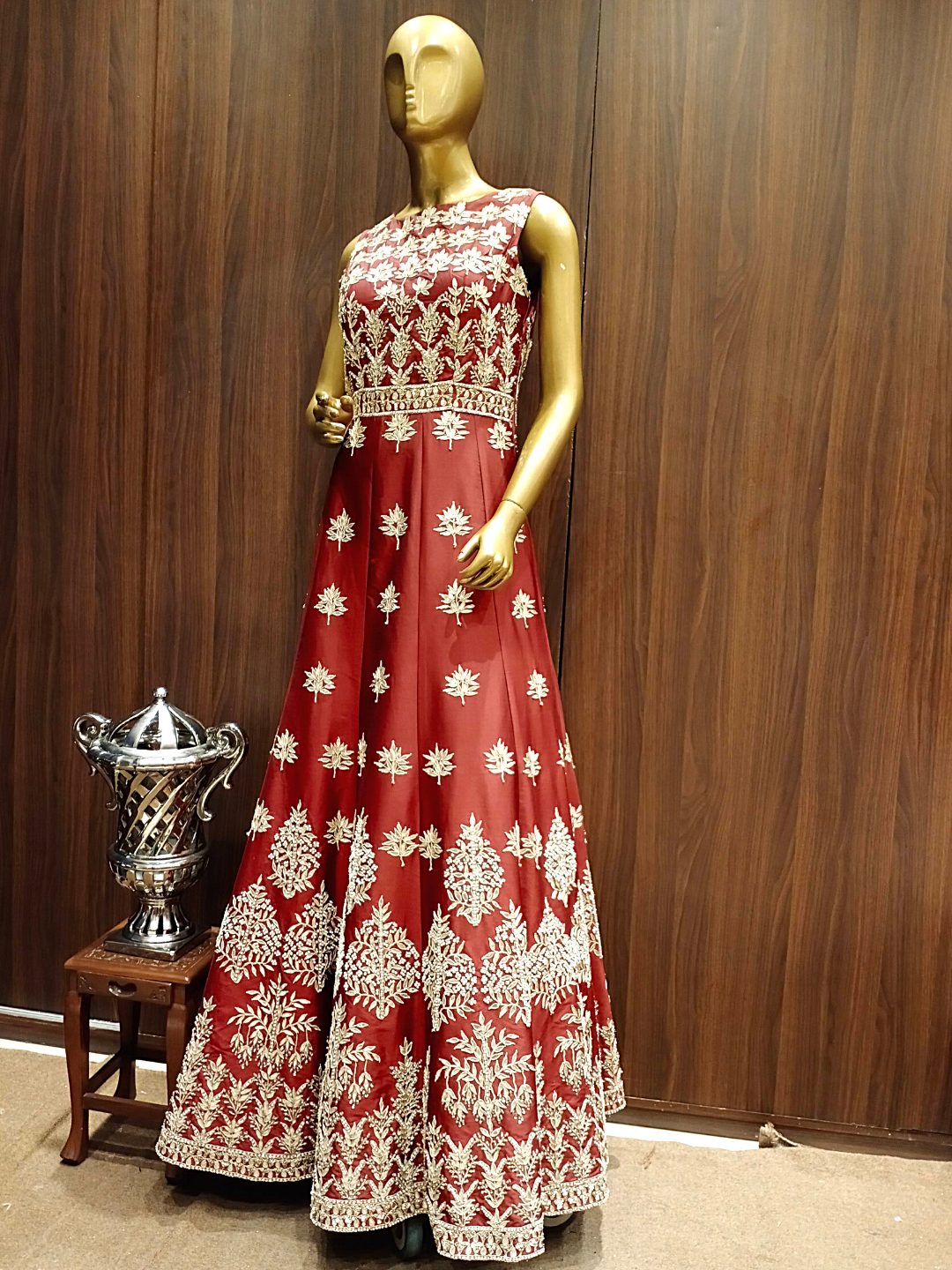Traditional Gotta Patti Maroon Flared Silk Gown with Gold Zari Embroidery