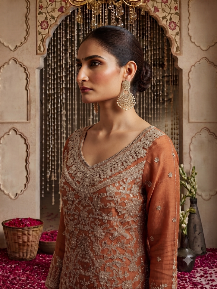 Zardozi & Sequin Embroidered Kurta with Sharara Set in Rust