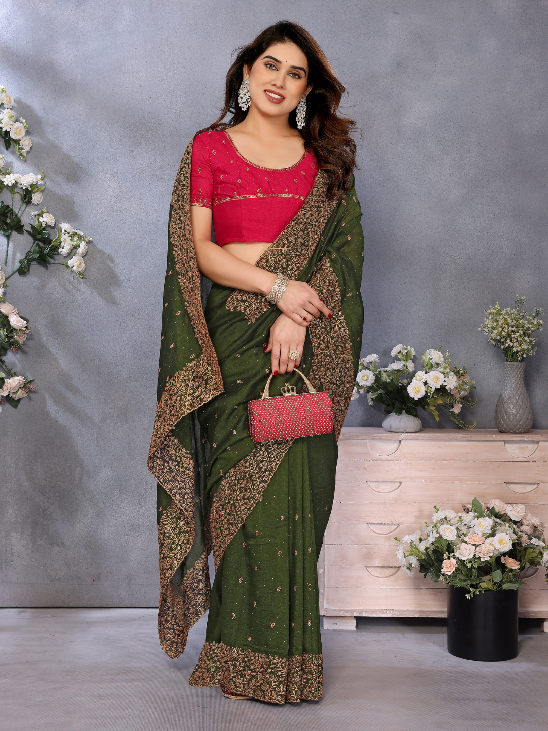 Satin Silk Heavy Zari & Stone Embroidered Floral Border Saree with Contrast Embroidered Blouse