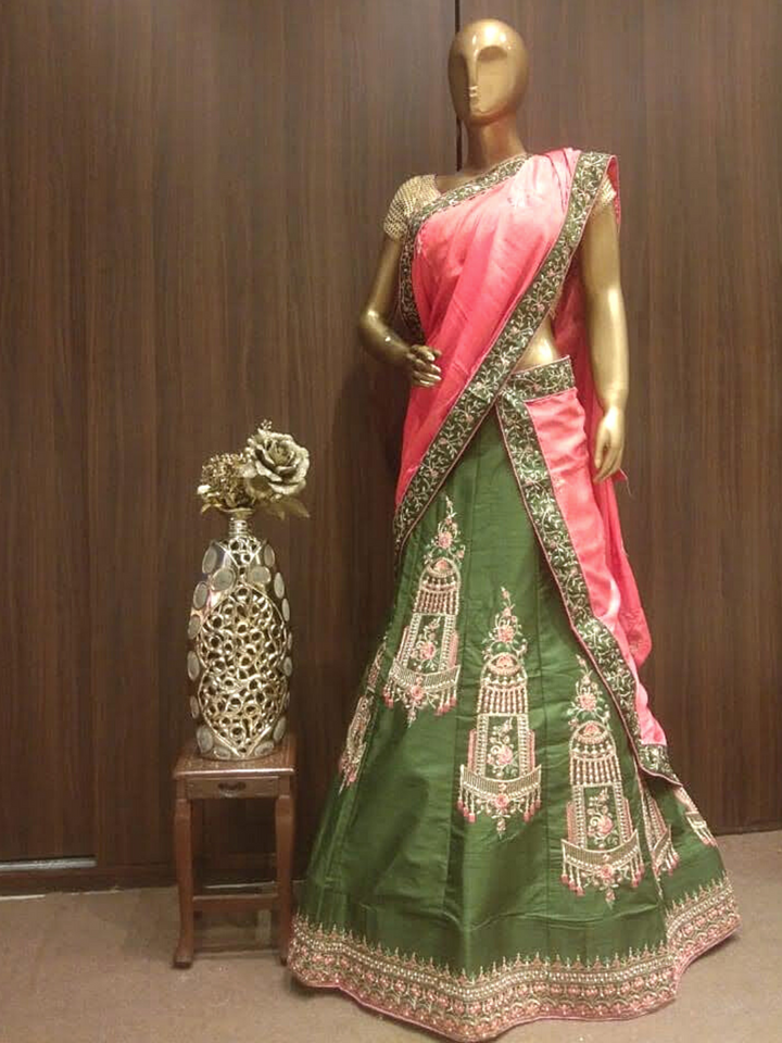 Olive Green Semi-Stitched Silk Lehenga Set with Contrast Crepe Dupatta & Resham Embroidery