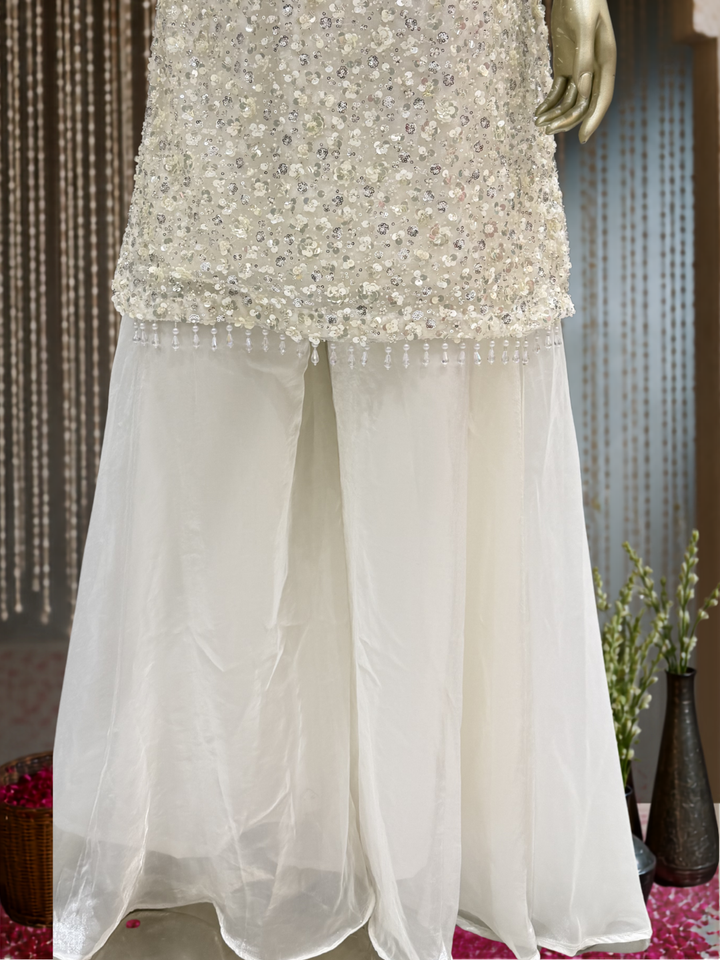 Net Sequin & Pearl Embellished Sharara Set with Dupatta in White