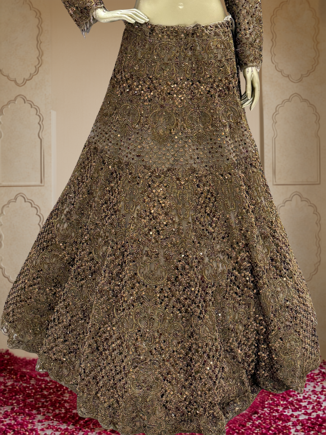 Olive Gold Net Bridal Lehenga Choli with Heavy Zari, Sequin & Mirror Work Embroidery with Crystal Tassel Hem & Net Dupatta