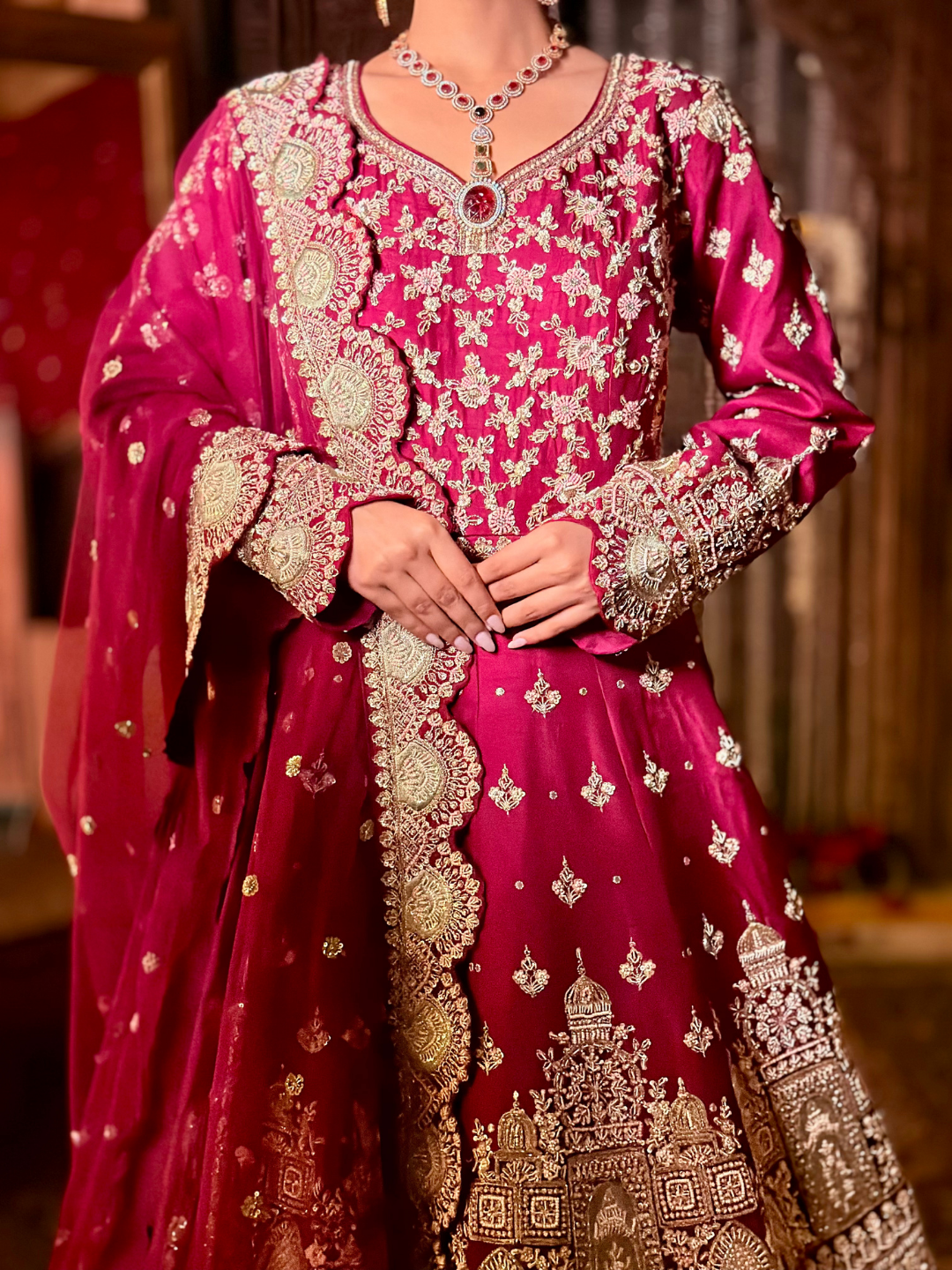 Zari Embroidered Long Kurta with Red Sharara Set in Pink