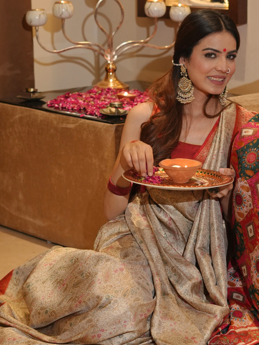 Banarasi Silk Saree with Gold Zari Paisley Jaal & Contrast Red Brocade Border