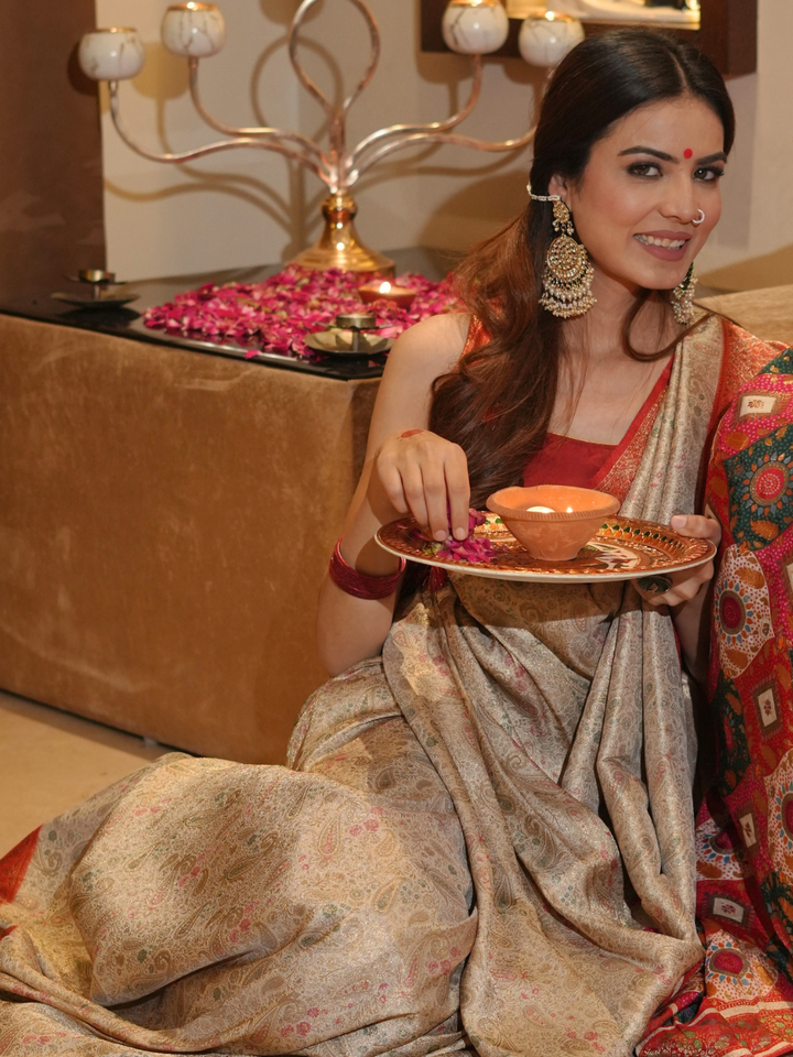 Banarasi Silk Saree with Gold Zari Paisley Jaal & Contrast Red Brocade Border