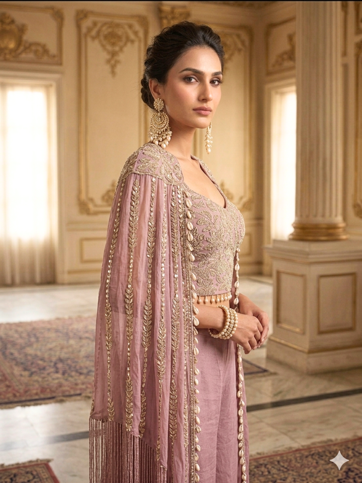 Silk Sequin & Mirror Embroidered Cape Blouse with Palazzo Set in Dusty Pink