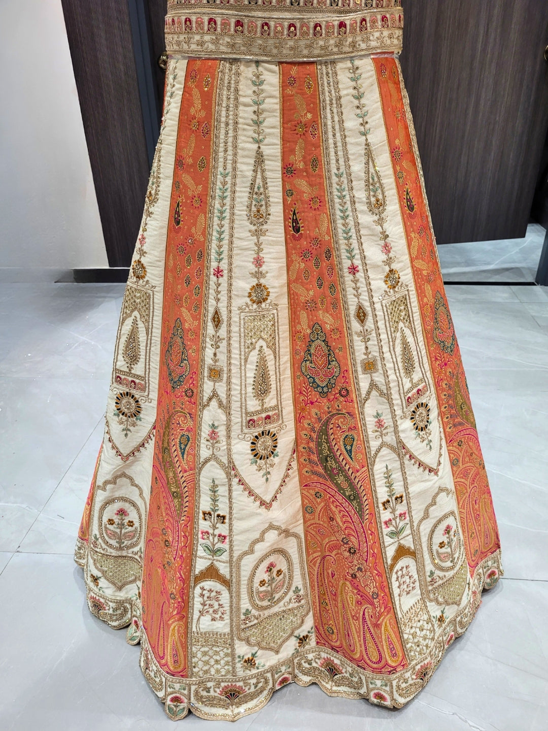 Ivory Orange Silk Lehenga with Pink Dupatta & Zari Embroidery Detailing
