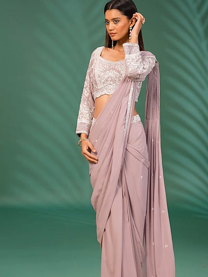 Pre-Stitched Saree with Intricate White Thread & Sequin Embroidery