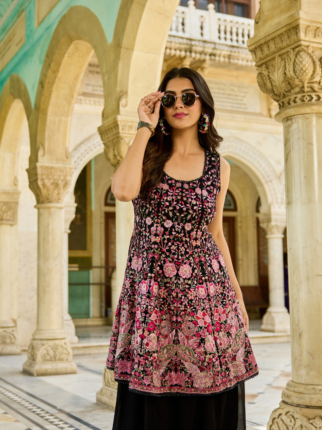 Black Zari & Resham Work Embroidered Sleeveless Kurta Set with Palazzo