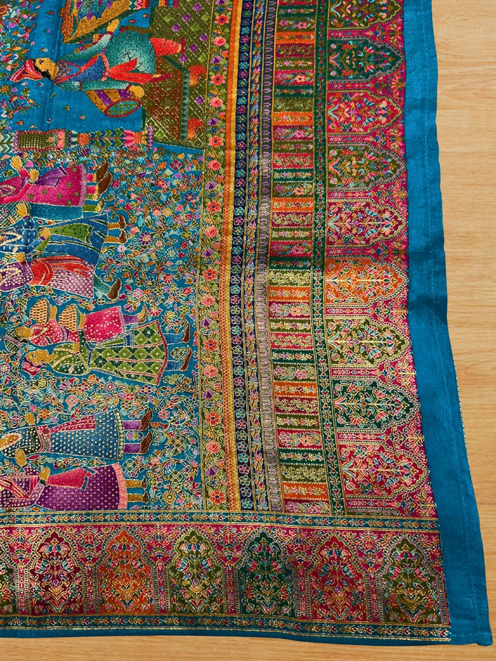 Teal Banarasi Silk Saree with Multicolour Royal Procession Pallu & Temple Border