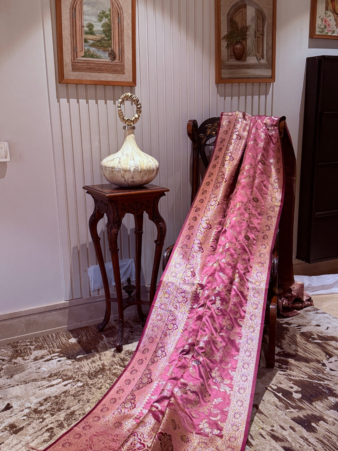 Banarasi Art Silk Saree with Gold Zari Floral Jaal & Dual Pattern Brocade Border