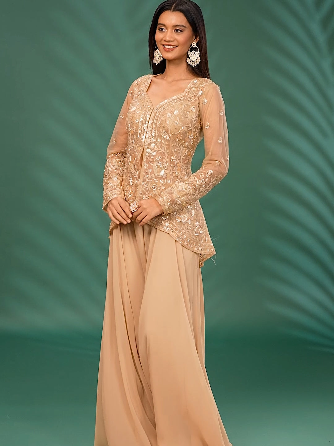 Embroidered Net Peplum Top with Sequins & Thread Work Flared