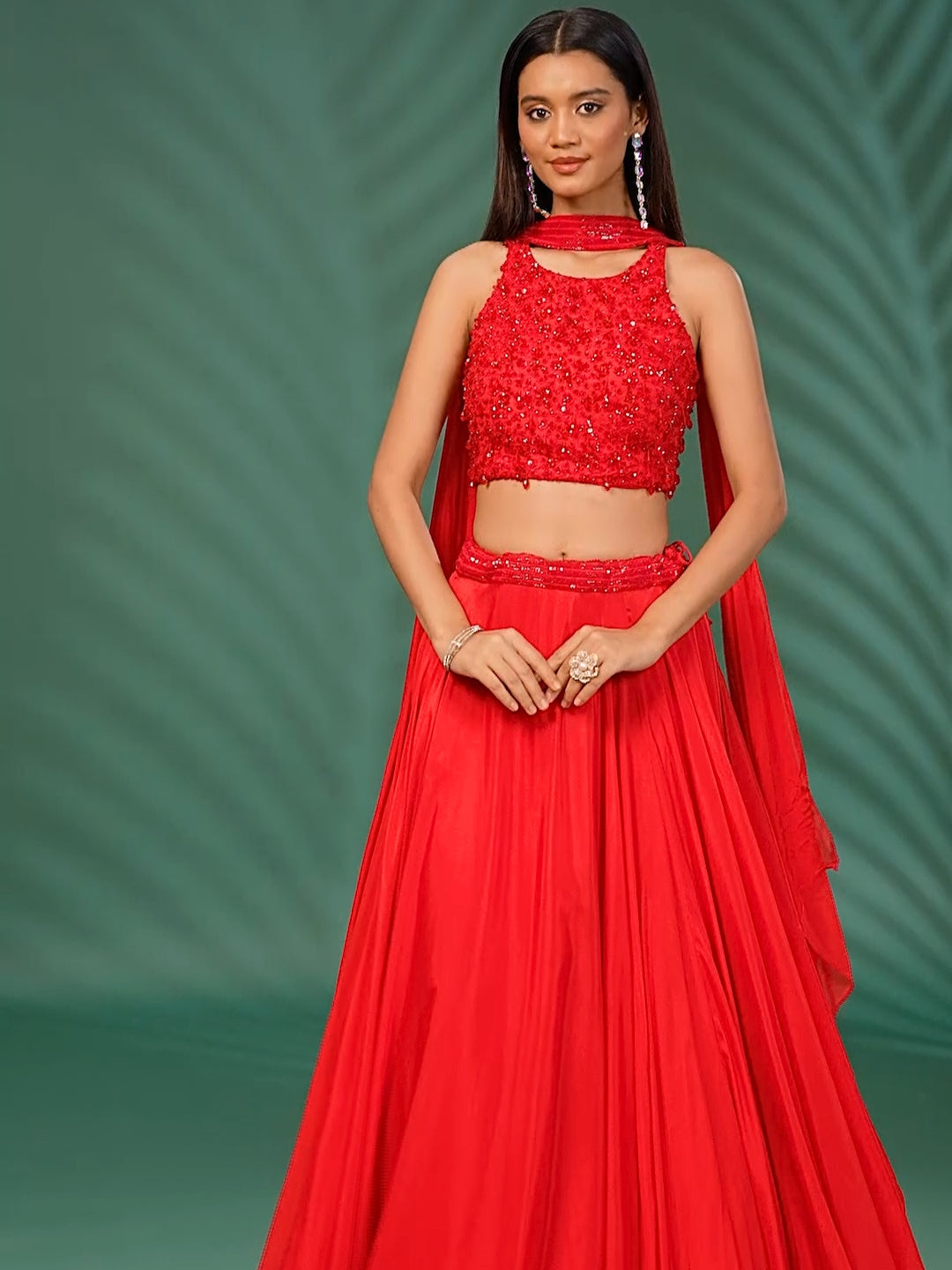 Georgette Sequin & Bead Embroidery Crop Top Lehenga with Dupatta