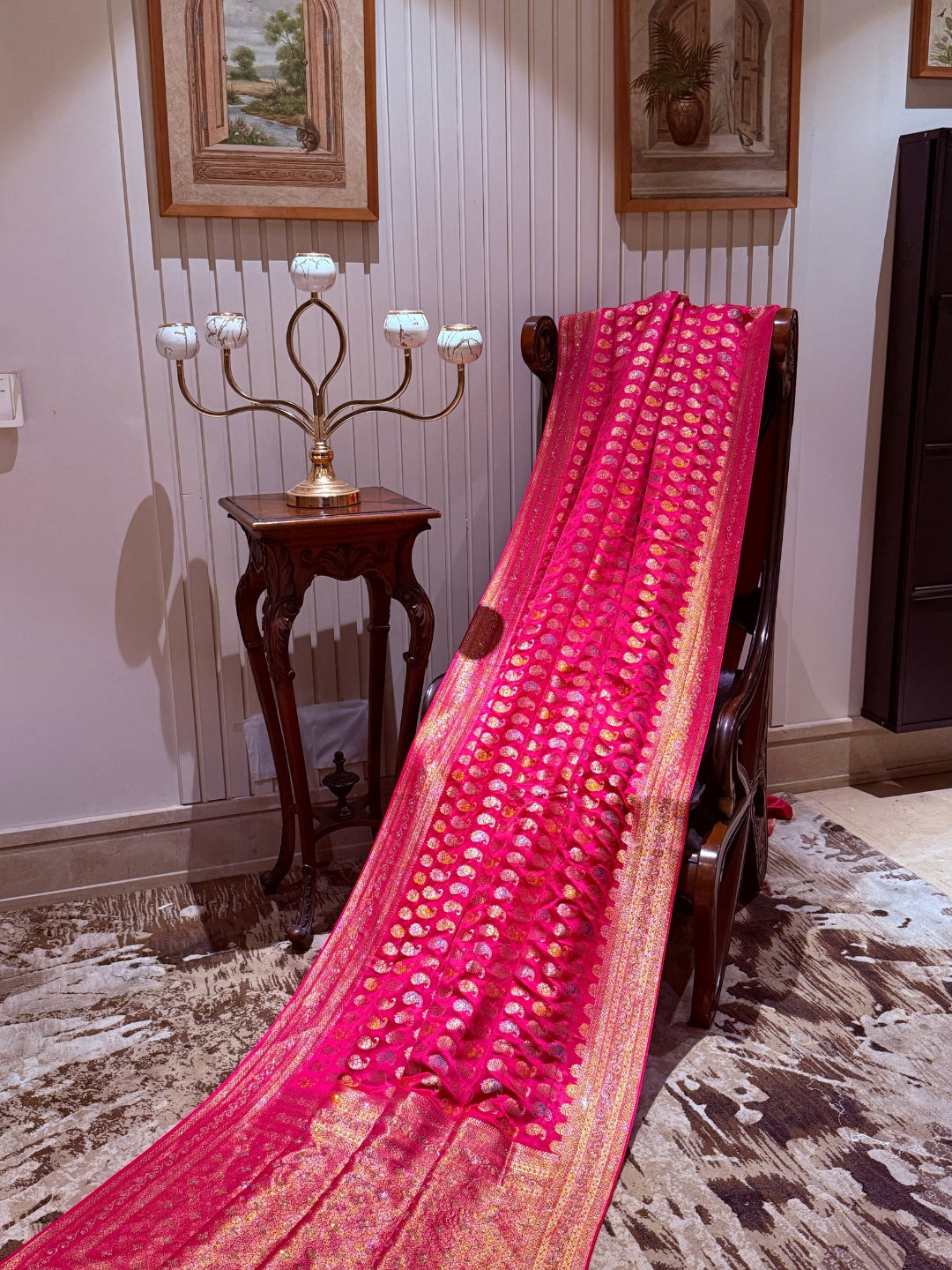 Pink Banarasi Saree with All-over Gold Zari Buta and Dual-Tone Geometric Woven Border