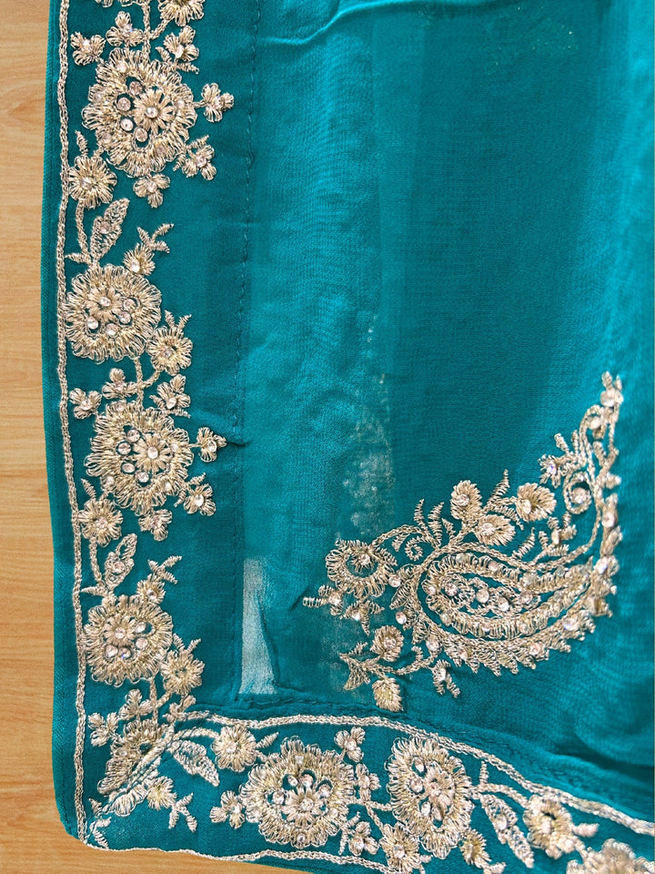 Teal Georgette Gharara Set with Zari, Mirror & Sequin Embroidery, Floral Border Dupatta