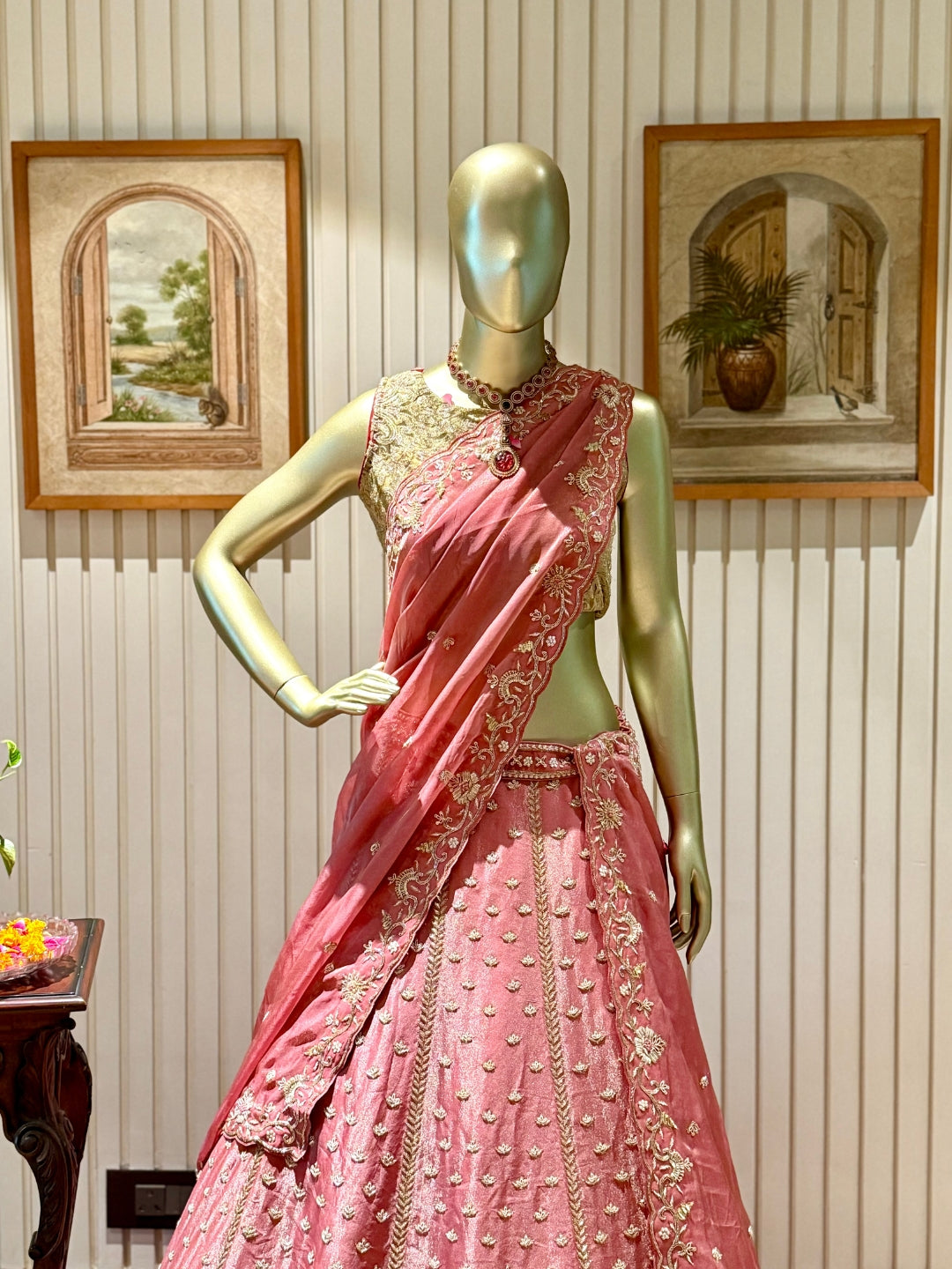 Elegantly Embroidered Rose-Pink Net & Silk Lehenga Choli Set with Dupatta