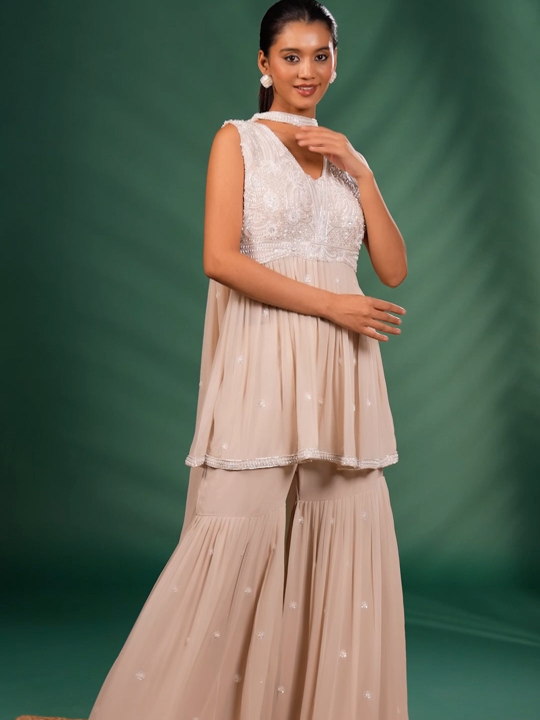 Thread Embroidered & Embellished Kurta with Flared Sharara Pants and Dupatta