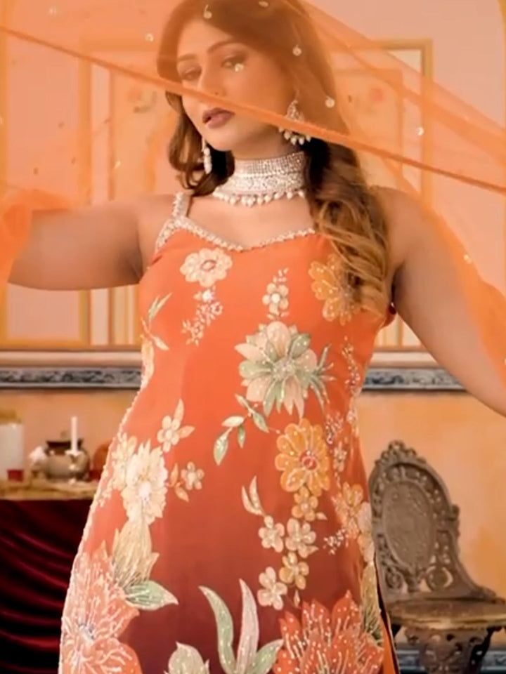 Floral Embroidered Kurta Palazzo Set with Sequin Net Dupatta