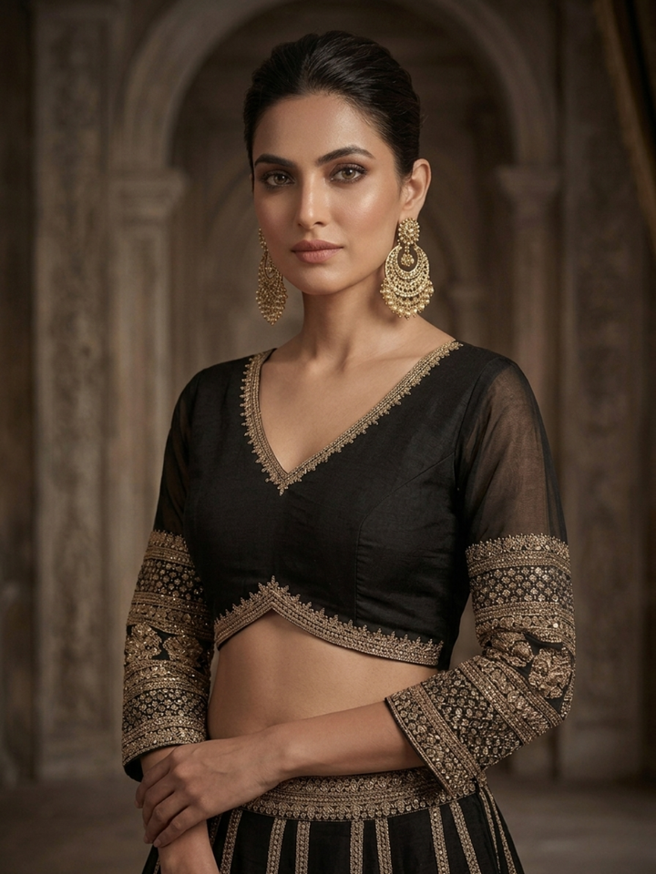 Silk Heavy Zari & Sequin Embroidered Lehenga Choli with Net Dupatta in Black