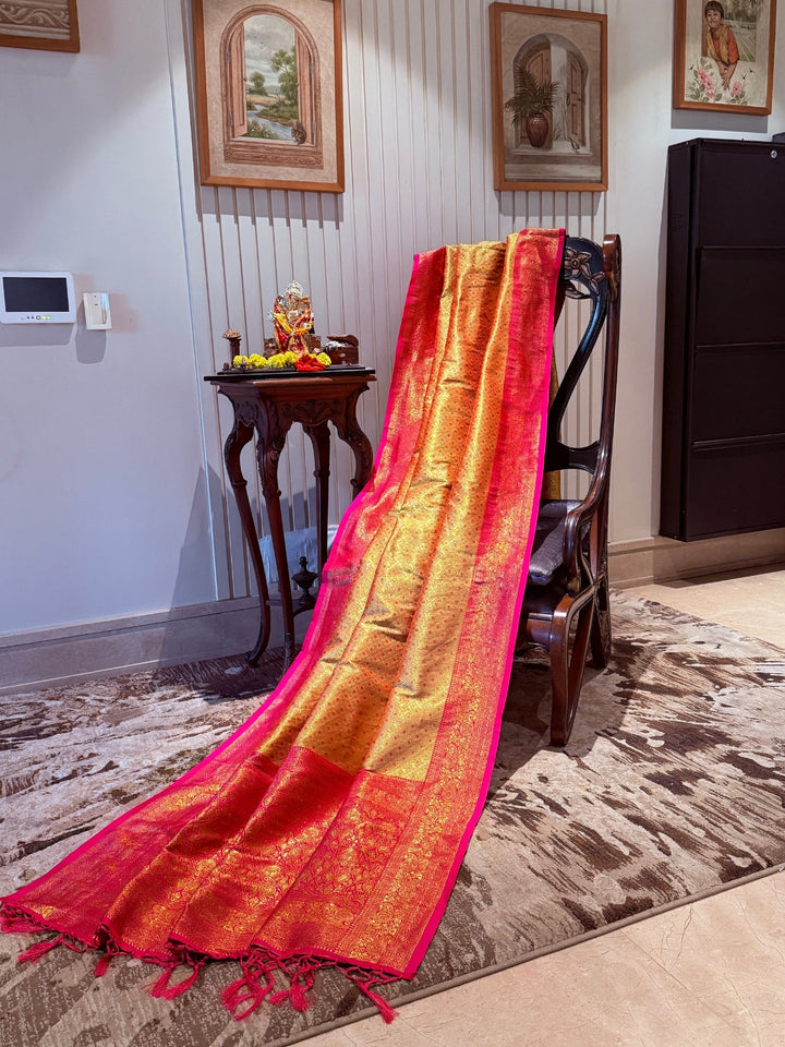 Golden Pink Zari Woven Banarasi Saree with Polka Dot Body & Floral Brocade Border