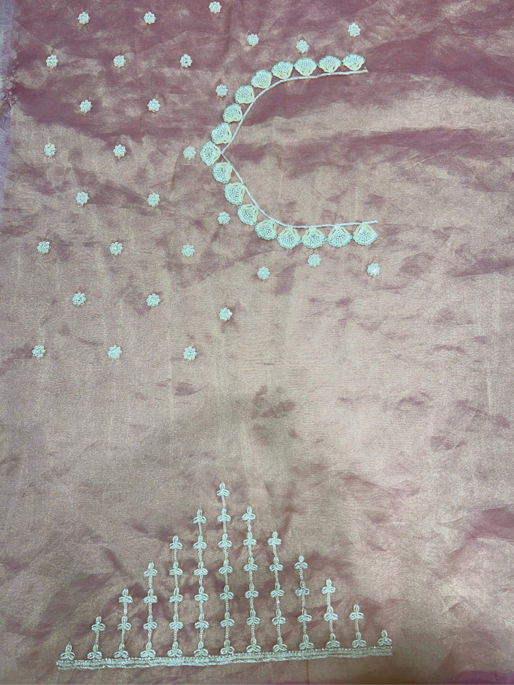 Blush Pink Net Saree with Ivory Sequin Floral Embroidery & Ornate Scallop Border