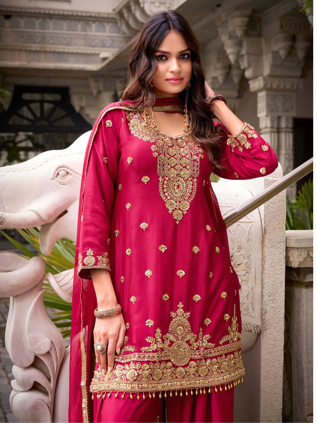 Magenta Pink Embroidered Georgette Kurta Sharara Set with Heavy Thread Zari Work