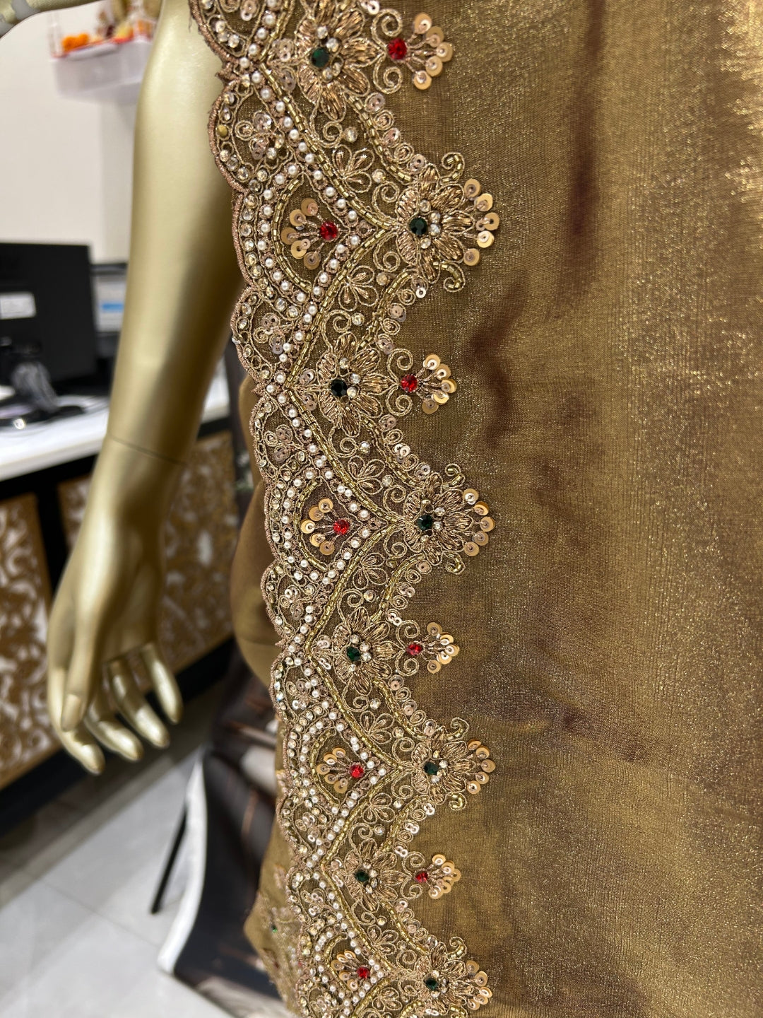 Olive Gold Silk Saree with Heavy Pearl, Zardozi & Stone Embroidered Scalloped Border