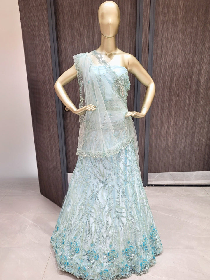Sequins Embroidered Net Lehenga Set with Beaded Floral Work Unstitched Blouse & Dupatta