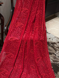 Red Georgette Saree with Tonal Paisley & Floral Thread Embroidery
