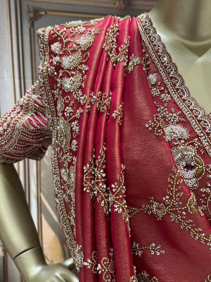 Heavy Pearl & Sequin Embroidered Net Saree with Scalloped Border Blouse