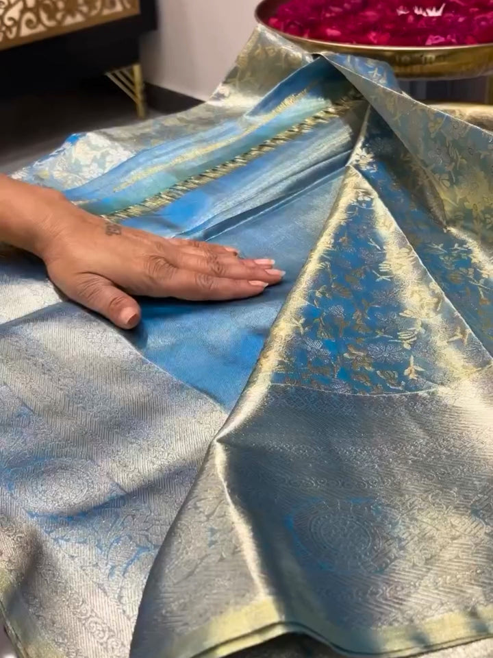 Iridescent Blue-Green Banarasi Silk Saree with Intricate Zari Weaving and Floral Brocade Pallu