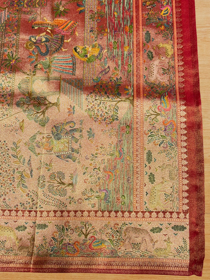 Golden Beige Shikargah Banarasi Silk Saree with Forest Scene Pallu & Red Zari Brocade