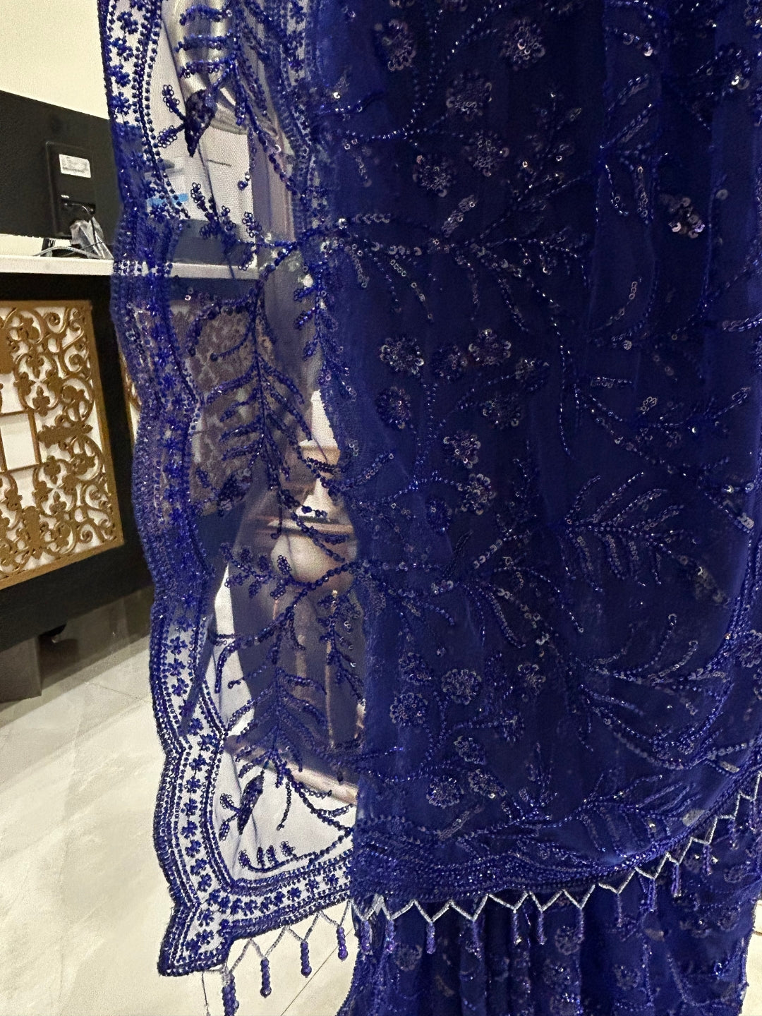 Heavy Sequin Embroidered Net Saree with Floral Border and Blouse