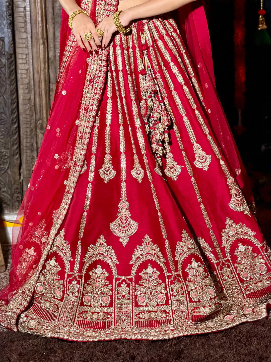 Silk Heavy Zari & Sequin Embroidered Vertical Stripe & Chandelier Motif Lehenga Choli with Net Dupatta