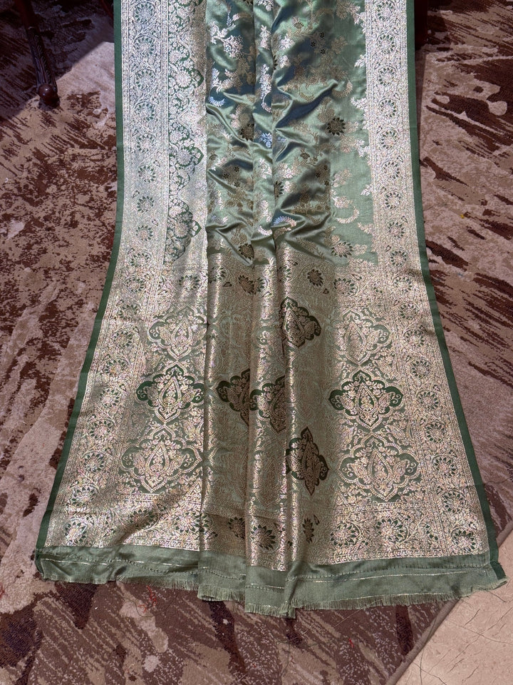 Sage Green Banarasi Art Silk Saree with Antique Gold Zari Floral Motifs & Brocade Border