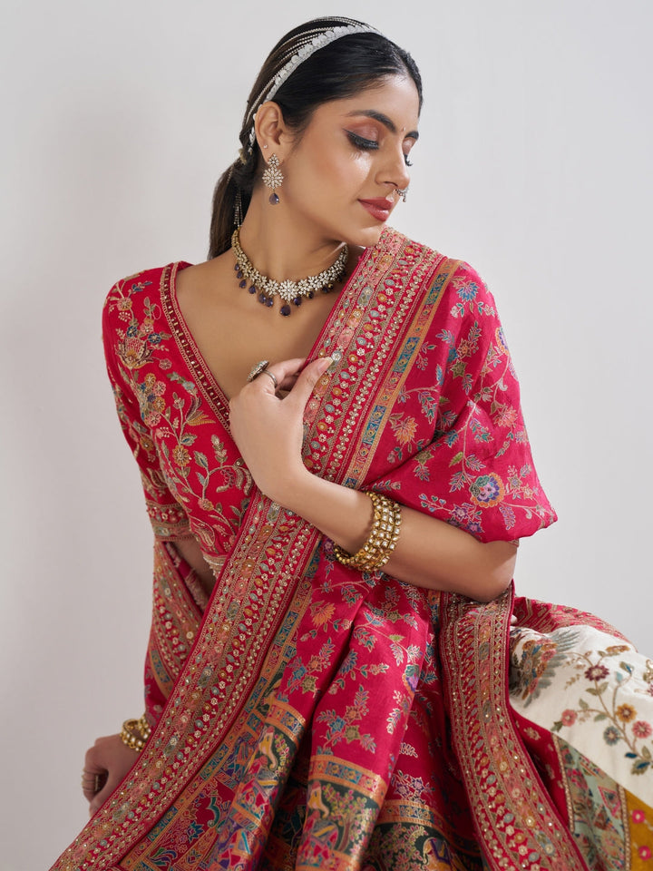 Brocade patchwork lehenga choli with zari, thread embroidery and Banarasi woven dupatta.