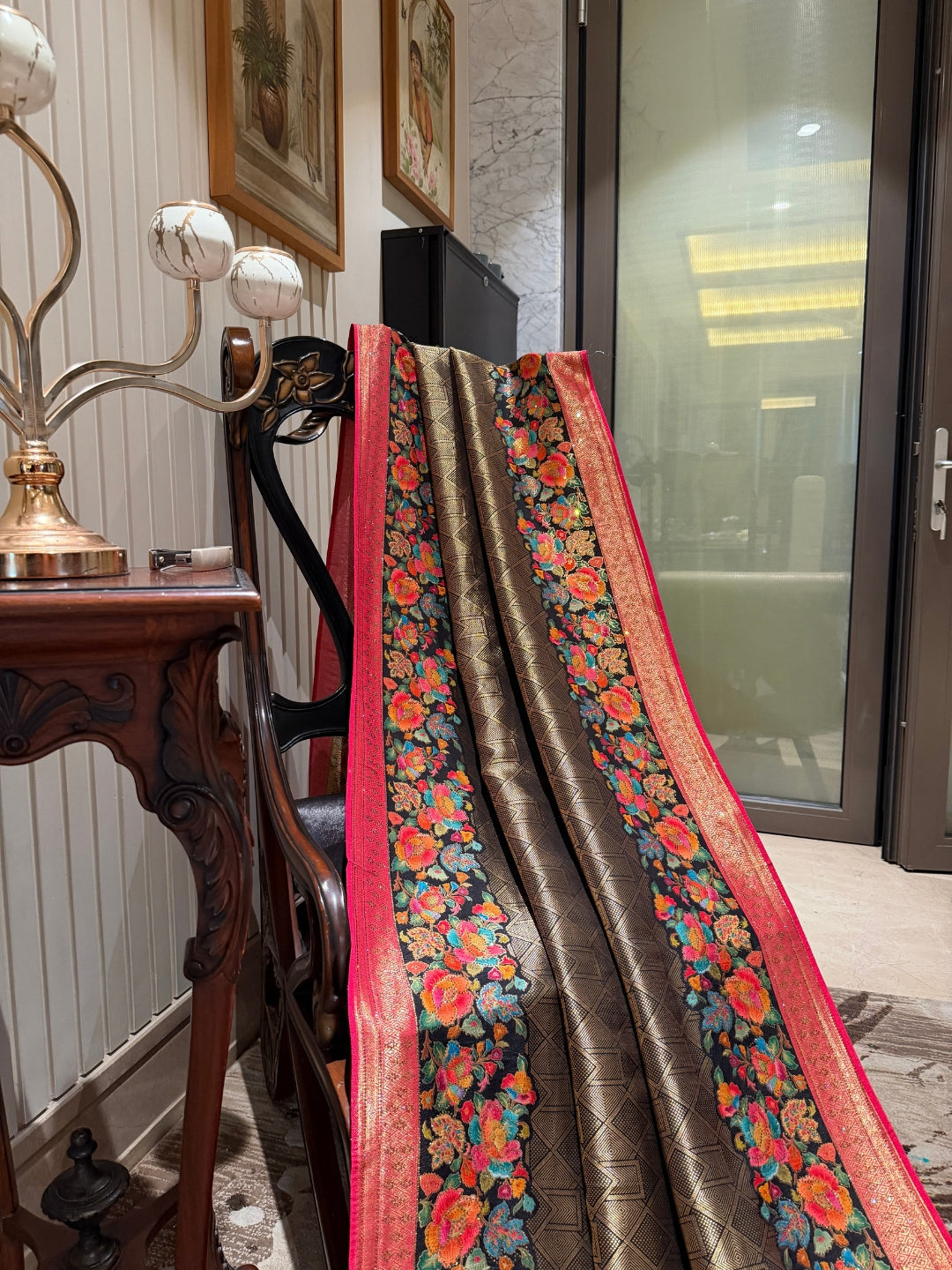 Black Banarasi Saree with Gold Woven Panel, Floral Jaal and Red Zari Tassel Pallu