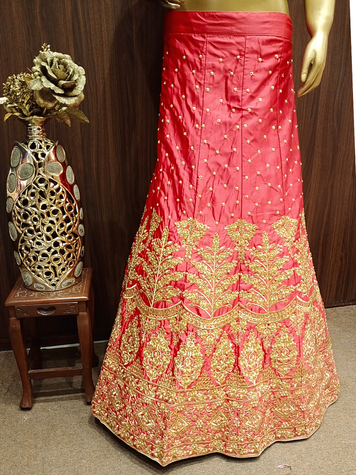 Embellished Semi-stitched Kalidar Lehenga with Gold Zari Embroidery