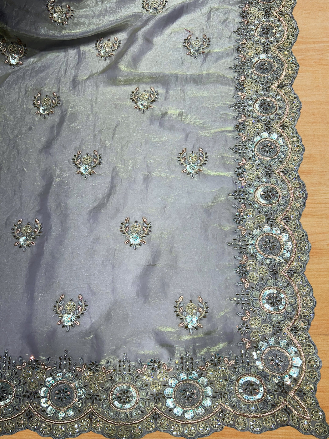 Tissue Saree with Heavy Scalloped Floral Sequin Bead Embroidery & Scattered Butis