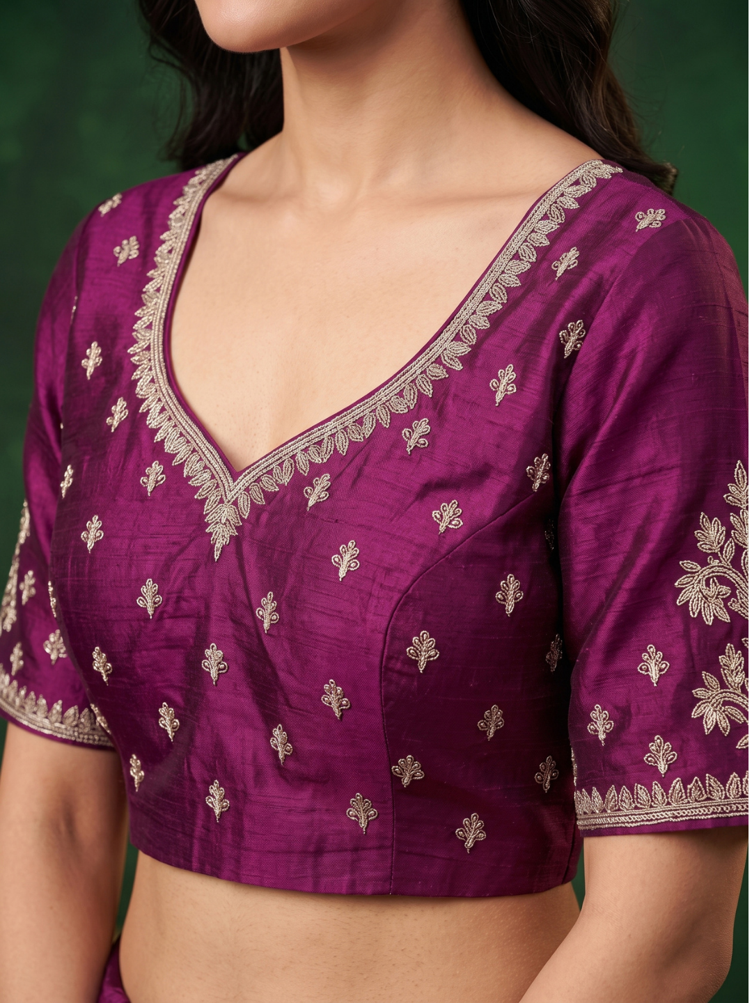 Silk Saree with Zari Floral Jaal Embroidery & Scalloped Cutwork Border